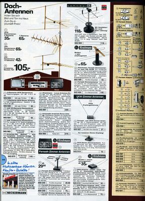 Seite 846: Die Antenne wird aufs Dach geliefert
Das waren noch Zeiten: Im Jahre 1980 lieferten deutsche Versandhäuser nicht nur leistungsstarke Antennen, sondern montierten diese auch noch auf die Dächer. 
Natürlich gab es auch jede Menge Zimmerantennen zu bestellen
Schlüsselwörter: Katalog Neckermann 1980 Antennen Dachantennen Montage Zimmerantennen