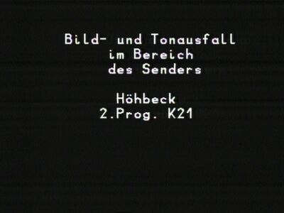 Hinweistafel "Bild- und Tonausfall"
Ausfall der RiFu beim ZDF analog Höhbeck K21 am 10.05.2005
Schlüsselwörter: TV Hinweistafel Ausfall RiFu Richtfunkstrecke Höhbeck ZDF