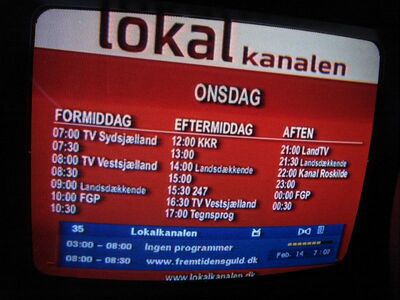 2013_02_14_HWI1_009.JPG
Lokalkanalen, DIGI TV 1 Øst, SFN Nakskov/Vordingborg, K58. Der nichtkommerzielle "Sendesamvirke" für Sjælland (außer København), der von mehreren einzelnen Anbietern gemeinsam betrieben wird, welche sich die Sendezeit einteilen
Schlüsselwörter: TV Tropo Überreichweite DVB-T DTT digital Dänemark Danmark DIGI TV 1 Nakskov Vordingborg K58 Lokalkanalen Sendesamvirke