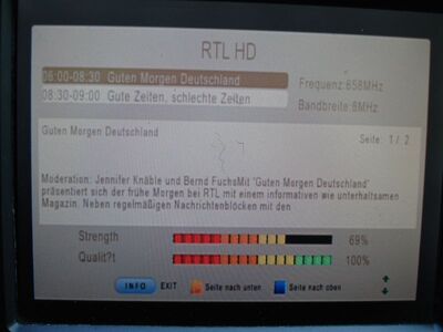 2016_05_09_HWI1_010.JPG
EPG von "RTL HD", DVB-T2 Pilot-Multiplex, SFN Hamburg, K44. Das Px. selbst ist leider verschlüsselt
Schlüsselwörter: TV DX Tropo Überreichweite DVB-T DTT digital UHF EPG RTL HD DVB-T2 Pilot Mux HEVC Hamburg K44 Telesystem 6800 TS6800 Erstempfang