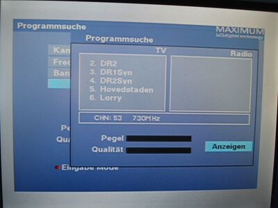 2016_05_09_HWI1_011.JPG
DIGI TV 1 København, K53 (Suchlkauf). Dieses Boquet ist selten empfangbar, da es sich gegen den Ortssender Schwerin durchsetzen muss
Schlüsselwörter: TV Tropo Überreichweite UHF DVB-T DTT digital Dänemark Danmark DIGI TV1 København SFN Storkøbenhavn K53 Maximum T-1300