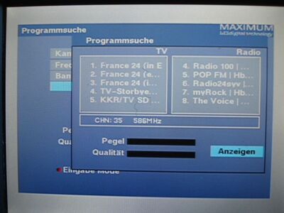2016_05_13_HWI1_013.JPG
"Mux KBH 1", København-City (SFN Lynetten, Borups Allé), K35 (v).
Der Maximum T-1300 findet hingegen 5 TV-Px (davon 1 Neuzugang) sowie 8 HbbTV-Radioprogramme. Bei "TV Storbyen" gab es nur ein Schwarzbild
Schlüsselwörter: TV DX DVB-T Tropo Überreichweite Dänemark Danmark Mux KBH1 Lokal København MPEG2 MPEG4 HbbTV K35 Maximum T-1300 Suchlauf