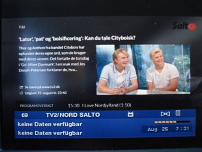 2016_08_26_HWI1_002.JPG
TV2/Nord/Salto (TV2-Regionaldienst), DIGI TV 1 Nord, SFN Nordjylland, K29. Ein Glück, dass dieses Boquet auf einem der noch 3 freien DX-Kanäle sendet.
Schlüsselwörter: TV DX DVB-T Tropo Überreichweite Dänemark Danmark DanmarkC DIGI TV1 TV2 Nord Salto K29 FTA
