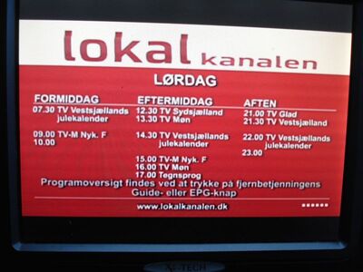 2016_12_23_HWI1_006.JPG
Lokalkanalen mit "TV Vestsjælland", DIGI TV 1 Øst, SFN Nakskov/Vordingborg/Jyderup, K58. Nach dem Ende von TV Vestsjælland sind bis 09.00 Uhr die Pausentafeln zu sehen.
Schlüsselwörter: TV Tropo Überreichweite UHF DVB-T DTT digital Dänemark Danmark DIGI DIGI1 Øst Lokalkanalen Sendesamvirke