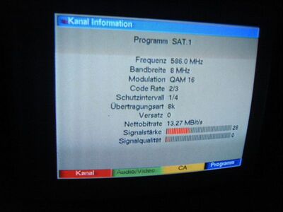 2015_01_22_HWI2_007.JPG
Pro7/Sat.1-Boquet HH/HSH, Kiel (FMT am Amselsteig), K35. Im Gegensatz zu den übrigen Boquets aus Kiel war der Empfang instabil
Schlüsselwörter: TV DX DVB-T Tropo Überreichweite MPEG-2 MA HSH Kiel K35 P7S1 Pro7 Sat1