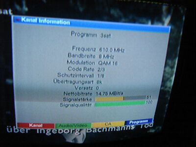 2008_12_01_PCH1_004.JPG
3sat, ZDF-Bouquet, Wolfsburg (Klieversberg), K38 (Erstempfang)
Schlüsselwörter: TV Tropo Überreichweite DVB-T ZDF 3sat Wolfsburg