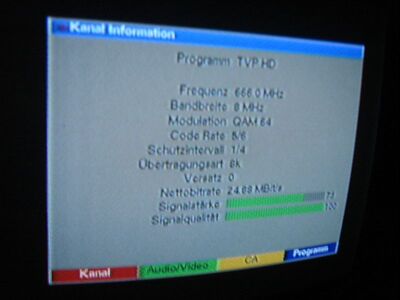 2009_01_12_PCH1_034.JPG
TVP HD, DVB-T Lubuska, K45. Trotz 100% Qualität kein Bild, kein Ton
Schlüsselwörter: TV Tropo Überreichweite DVB-T Polen Polska MPEG-4 Digipal1