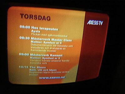 2009_01_29_PCH1_013.JPG
Axess TV, einziges noch verbliebenes FTA-Px im DTT Nät 5 (Hörby, K61)
Schlüsselwörter: TV Tropo Überreichweite DVB-T Schweden Sverige DTT Nät 5 Axess