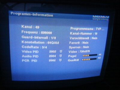 2011_04_19_PCH1_003.JPG
Sendeparameter TP Emitel Mux-3, Szczecin 1 (Kolowo), K49. Anzeigetafel des Maximum T-1300
Schlüsselwörter: TV Tropo Überreichweite DVB-T digital Emitel Mux-3 Sendeparameter Maximum T-1300 MPEG4