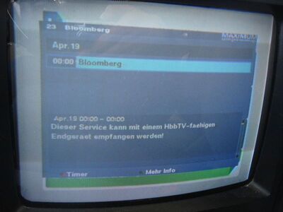 2013_04_19_PCH1_008.JPG
... und auch der EPG ist mit dem Receiver zugänglich. Aber auch dieser verweist nur auf die Verwendung eines HbbTV-fähigen Receivers.
Schlüsselwörter: TV DVB-T HbbTV Hamburg K36 UHF MAHSH Multithek Bloomberg Maximum T1300 Hinweistafel