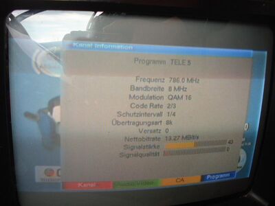 2013_06_11_PCH1_002.JPG
Tele 5, NLM-Bouquet, SFN Braunschweig, K60
Schlüsselwörter: TV DX Tropo Überreichweite DVB-T DTT digital terrestrisch Tele5 Braunschweig NLM UHF K60