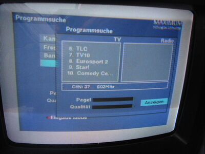 2013_07_29_PCH1_015.JPG
DTT Nät 4, Blekinge Län, K55. Im Gegensatz zum Digipal 1 erkennt der Maximum T-1300 auch die in MPEG-4 ausgestrahlten Programme
Schlüsselwörter: TV DX Tropo Überreichweite DVB-T DTT digital terrestrisch Schweden Sverige DTT Nät4 Blekinge UHF K55 MPEG-4 Maximum T-1300