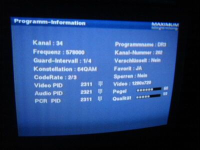 2014_03_13_PCH1_005.JPG
So verrät der Maximum T-1300 eine Gleichkanalstörung, sprich den Empfang mehrerer Bouquets auf einem Kanal: Obwohl der Maximum T-1300 mehr als 50% angezeigt wird, wird das Signal nicht erkannt
Schlüsselwörter: TV DX Tropo Überreichweite DVB-T DTT QRM Gleichkanalbelegung