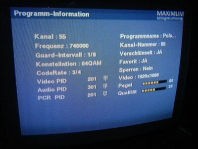 2014_03_14_PCH1_007.JPG
TV Mobilna Mux-4, SFN Szczecin/Gorzów, K55v. Leider ist dieses Bouquet komplett verschlüsselt
Schlüsselwörter: TV DX Tropo Überreichweite DVB-T DTT Polen Poksla Mobilna Mux-4 verschlüsselt encrypted