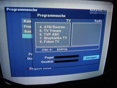 2014_05_21_PCH1_001.JPG
Emitel Mux-1, Szczecin 1 (Kolowo), K41. Mit neuer Zusammenstellung: Statt TVP1 und TVP2 sind jetzt "Stopklatka TV" und "Fokus TV" aufgeschaltet
Schlüsselwörter: TV DX Tropo Überreichweite DVB-T DTT Polen Polska Emitel Mux-1 neue Programme