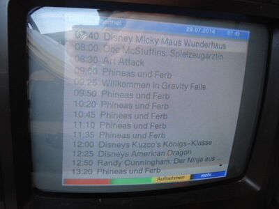 2014_07_28_PCH1_003.JPG
EPG des Disney Channel D, MA HSH Gemischtes Boquet S-H, Kiel (FMT am Amselsteig), K57. Kein Programm (Schwarzbild); aber EPG vorhanden - obwohl nicht verschlüsselt. Problem bei der Signalzuführung?
Schlüsselwörter: TV DX Tropo Überreichweite DVB-T DTT digital UHF MA HSH Schleswig-Holstein MA HSH gemischtes Boqiet EPG Disney Channel Kiel K57