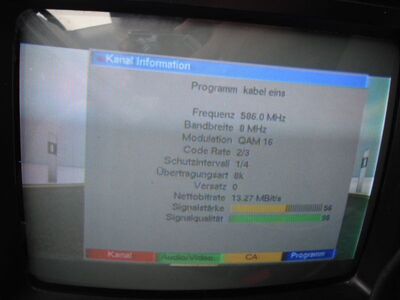 2014_09_08_PCH1_003.JPG
Kabel Eins, Pro7-Sat1 HH/SHS, Kiel 2 (FMT am Amselsteig), K35
Schlüsselwörter: TV DX Tropo Überreichweite DVB-T DTT digital UHF Pro7Sat1 P7S1 Kabel Eins Kabel1 Kiel K57