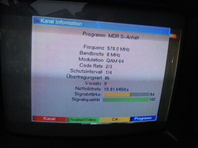 2014_10_18_PCH1_001.JPG
Nicht viel los im Äther an diesem Morgen. dafür kam mal das MDR-Boquet Sachsen Anhalt auf K34 sauber an.
Schlüsselwörter: TV DX Tropo Überreichweite DVB-T DTT digital UHF MDR Sachsen-Anhalt Probleme zu großes SFN K34