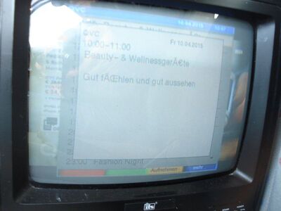 2015_04_10_PCH1_007.JPG
QVC, MABB Mux 3, SFN Berlin, K39. Der Digipal1 zeigt keine Symbole, hat dafür aber Probleme mit den Umlauten
Schlüsselwörter: TV DX Tropo Überreichweite DVB-T DTT digital UHF Multithek QVC EPG Symbole MABB Mux3 Berlin K39