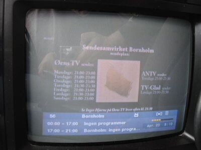 2015_04_23_PCH1_013.JPG
Kanal Bornholm (Sendesamvirke), DIGI TV 1 Bornholm, SFN Bornholm, K59
Schlüsselwörter: TV Tropo Überreichweite UHF DVB-T DTT digital Dänemark Danmark DIGI TV1 Bornholm K59 Kanal Sendesamvirke