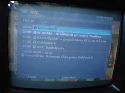 2015_05_22_PCH1_008.JPG
EPG von QVC, MABB Mux 3, SFN Berlin, K39. Der Maximum T-1300 zeigt immer noch die Symbole
Schlüsselwörter: TV DX Tropo Überreichweite DVB-T DTT digital UHF QVC EPG Symbole MABB Mux3 Berlin K39 Maximum T-1300