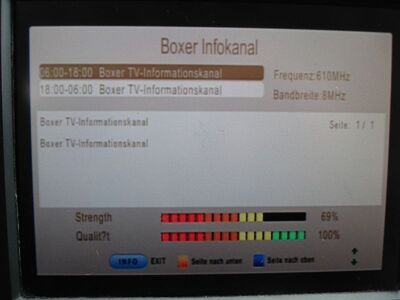 2016_04_04_PCH1_007.JPG
Immerhin hat der Boxer Infokanal noch seinen EPG (hier mit dem TS 6800 angezeigt), aber der wahr ohnehin nie informativer als jetzt. (Boxer Danmark Mux 4, SFN Nakskov/Vordingborg, K38)
Schlüsselwörter: TV Tropo Überreichweite UHF DVB-T DTT digital Dänemark Danmark Boxer Mux4 EPG Infokanal Nakskov Vordingborg K38 TS6800