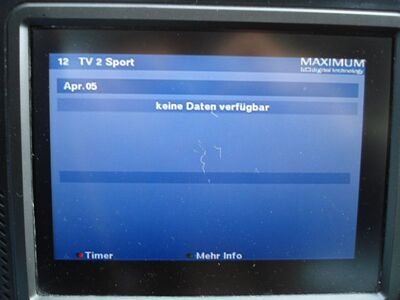 2016_04_05_PCH1_008.JPG
08.11 Uhr: Längst sind alle Px wieder auf Sendung, und zwar unverschlüsselt, aber noch nicht die EPG. Hier am Beispiel von TV2 Sport (verbleibt im Mux 4)
Schlüsselwörter: TV Tropo Überreichweite UHF DVB-T DTT digital Dänemark Danmark Boxer Mux4 EPG TV2 Sport Vordingborg K38 neu