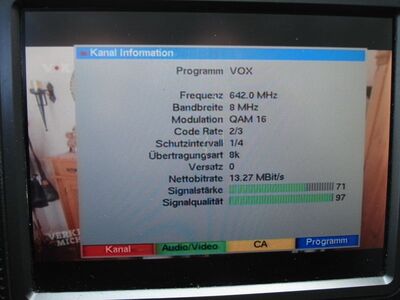 2016_06_03_PCH1_005.JPG
Sendeparameter für VOX, RTL-Boquet HB/NDS, SFN Bremen/Bremerhaven/Umland, K42
Schlüsselwörter: TV DX Tropo Überreichweite DVB-T DTT digital UHF VOX RTL Bremen Bremerhaven K42 Parameter
