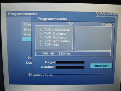 2016_07_27_PCH1_001.JPG
TP Emitel Mux-3 Szczecin, SFN Szczecin/Miezdyzdroje, K48 (Suchlauf mit Maximum T-1300). "TV Polonia" wird landesweit seit dem 19.07.2016 nicht mehr terrestrisch verbreitet. Die freigewordene Bandbreite nutzt jetzt TVP Info, welches jetzt in HD sendet
Schlüsselwörter: TV DX Tropo Überreichweite DVB-T DTT digital UHF Polen Polska TP Emitel Mux3 Szczecin K48 Suchlauf Änderung