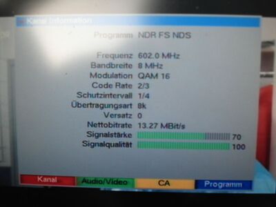 2016_09_09_PCH1_001.JPG
NDR Niedersachsen, SFN Lingen/Osnabrück, K37
Schlüsselwörter: TV DX Tropo Überreichweite DVB-T DTT digital UHF NDR Niedersachsen Lingen Osnabrück K37 MPEG2 Parameter