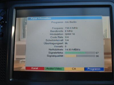 2016_09_10_PCH1_003.JPG
rbb Berlin, rbb Mux 1, SFN Booßen/Calau, K53. Drückte Ostssender Schwerin auf K53 weg. Da das Signal vertikal polarisiert war, kam Booßen erheblich stärker an als Calau.
Schlüsselwörter: TV DX Tropo Überreichweite DVB-T DTT digital UHF arte RBB RBB1 Brandenburg Booßen Calau K53 MPEG2 Parameter