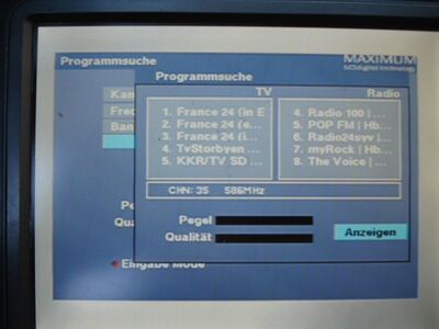 2016_09_16_PCH1_011.JPG
Mux KBH 1, SFN KBH-City (Lynetten, Borups Allé), K35v (Suchlauf mit Maximum T-1300)
Schlüsselwörter: TV DX Tropo Überreichweite DVB-T DTT digital UHF Dänemark Danmark France 24 Mux KBH1 København Lynetten Borups Allée K35 FTA MPEG2