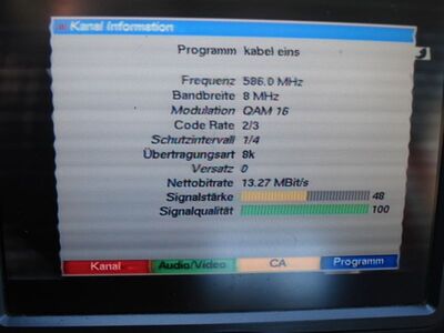 2016_12_30_PCH1_003.JPG
Kabel 1, P7S1, FMT Kiel (am Amselsteig), K35
Schlüsselwörter: TV DX Tropo Überreichweite DVB-T DTT digital UHF Kabel1 P7S1 Kiel K35 Parameter