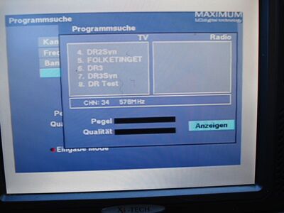 2017_03_24_PCH1_001.JPG
Programmtausch bei den beiden DIGI TV-Paketen in Dänemark: DR 2 wanderte samt DR2Syn in DIGI TV 2, dafür wanderte Ramasjang in DIGI TV 1. Leider korregiert der Maximum T-1300 nicht den programmnamen, sofern das neue Px unter denselben PID's weiterläuft
Schlüsselwörter: TV DX Tropo Überreichweite DVB-T MPEG4 DTT digital UHF Dänemark Danmark DIGI TV 2 Programmtausch DR2 DR Ramasjang Nakskov Vordingborg K34