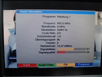 2017_03_29_PCH1_008.JPG
Sendeparameter Hamburg 1, SFN Hamburg, K37 (angezeigt mit Digipal 1). Ohne condx ist der EEMpfang grenzwertig
Schlüsselwörter: TV DX DVB-T DTT digital UHF MPEG-2 Hamburg1 K37 QAM16 FTA Sendeparameter Digipal1
