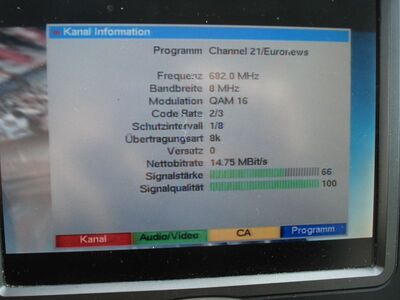 2017_03_31_PCH1_003.JPG
Auch der K47 im alten DVB-T kam diesen Morgen sauber an.
Schlüsselwörter: TV DX DVB-T DTT digital UHF MPEG-2 Berlin Juwelo Spreekanal Euronews Channel21 1-2-3.tv K47 FTA