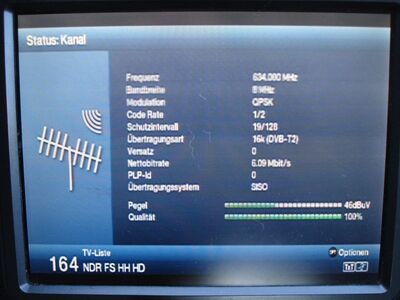 2017_04_20_PCH1_001.JPG
Sendeparameter für NDR Hamburg, SFN Hamburg, K41. Dieses Boquet enthält nur ein Programm und wird im QPSK-Modus ausgestrahlt.
Schlüsselwörter: TV DX Tropo Überreichweite DVB-T2 HEVC DTT digital UHF NDR Hamburg QPSK K41 Parameter