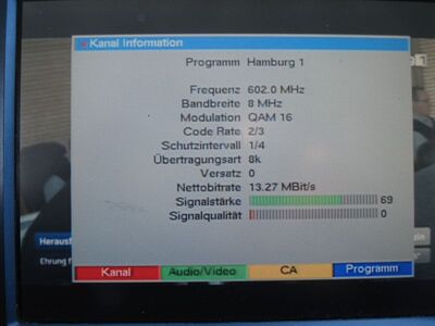 2017_04_27_PCH1_003.JPG
Hamburg 1 sendet in Hamburg auf K37 noch im alten DVB-T
Schlüsselwörter: TV DX DVB-T DTT digital UHF MPEG-2 Hamburg1 K37 QAM16 FTA Sendeparameter Digipal1