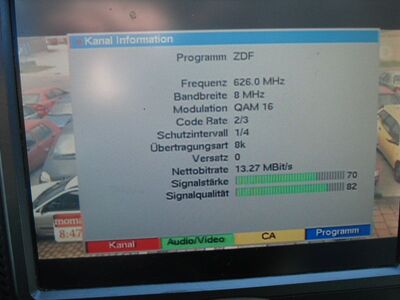 2017_06_02_PCH1_010.JPG
ZDF, ZDF.mobil, K40 /DVB-T alt). Obwohl nur ca. 170 km entfernt, ist dieses Boquet selten zu empfangen, da der K40 sowohl im Raum Hamburg/Lübeck als auch in Berlin genutzt wird
Schlüsselwörter: TV DX Tropo Überreischweite DVB-T DTT digital terrestrisch MPEG2 ZDF ZDFmobil K40 QRM