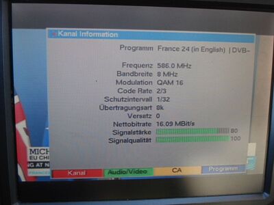 2017_08_29_PCH1_008.JPG
Sendeparameter für "France24 (in English)", "Mux KBH 1", SFN KBH-City (Lynetten, Borups Allé), K35v, angezeigt per Digipal1
Schlüsselwörter: TV DX Tropo Überreichweite DVB-T DTT digital terrestrisch Dänemark Danmark Mux KBH1 MPEG-2 HbbTV København KBH1 K35 Parameter