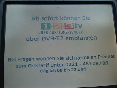 2018_09_04_PCH1_001.JPG
1-2-3.tv hat seine SD-Version im Lokalmux Berlin (DVB-T alt, K47) eingestellt und zeigt nur noch eine Hinweistafel.
Schlüsselwörter: TV DX Tropo Überreichweite DVB-T DTT digital terrestrisch 1-2-3.tv SD Abschaltung FTA MPEG2 Berlin K47
