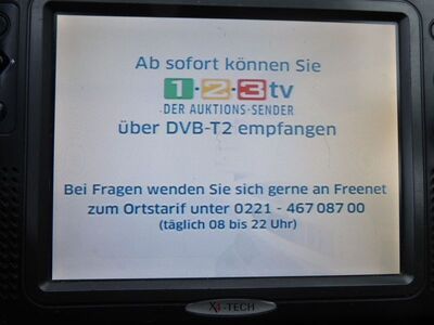 2018_11_15_PCH1_001.JPG
Lokalmux Berlin, K27: 1-2-3.tv zeigt hier nur noch eine Infotafel mit Hinweisen auf den bundesweiten DVB-T2-Empfang. Die Doppelausstrahlung in Berlin wurde eingestellt.
Schlüsselwörter: TV DVB-T Berlin Lokalmux 1-2-3.tv MPEG-2 Hinweistafel FTA K47
