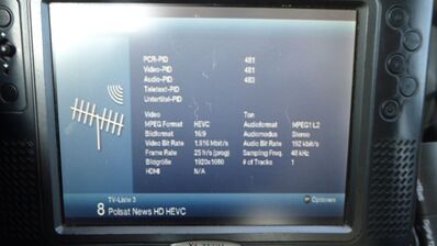 2021 07 27 PCH1 018
"Polsat News HD HEVC", SFN Szczecin/Swinouscie, K30. Der Technisat Digipal T2 HD kann HEVC unter DVB-T (alt) problemlos dekodieren.
Schlüsselwörter: TV DX Tropo Überreichweite digital DVB-T HEVC Polen Polska Mobilna Mux4 Szczecin K30 Polsat News HD Parameter Codecs