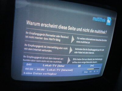2013_12_14_PCH2_003.JPG
"Lokal-TV" als neuer Dienst in der Multithek (hier mit dem Maximum T-1300 gesucht) im MABB Mux 3, SFN Berlin, K39. Ein nicht HbbTV-fähiger, aber MPEG-4-tauglicher Receiver zeigt diese Hinweistafel
Schlüsselwörter: TV DX Berlin MABB Mux3 Multithek Lokal-TV HbbTV K39 Infotafel Hinweistafel