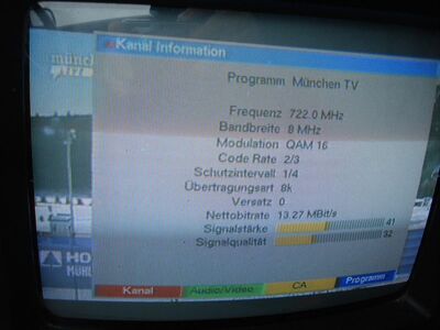 2015_02_12_PCH2_008.JPG
"München TV", BLM gemischtes Boquet München, K52. Erstempfang! leider war es für dieses Px auch das letzte Mal, TV München verabschiedete sich im April 2015 von der TV-Terrestrik
Schlüsselwörter: TV DX Tropo Überreichweite DVB-T DTT digital UHF München BLM gemischtes Bouquet K52
