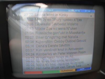 2015_06_12_PCH2_015.JPG
Der EPG von "Maiden van Holland Hard", Digitenne 4 (NTS 3), Leeuwarden (Ceresweg), K21 (3). Dieses Programm ist warscheinlich nicht jugendfrei ...
Schlüsselwörter: TV DX Tropo Überreichweite DVB-T DTT digital UHF Niederlande Nederland Digitenne4 NTS3 ID EPG Leeuwarden K21 verschlüsselt encrypted Maiden van Holland Hard EPG