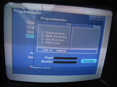 2015_06_26_PCH2_001.JPG
MDR-Boquet Sachsen, Leipzig 3 (Holzhausen), K37, empfangen mit dem Maximum T-1300
Schlüsselwörter: TV DX Tropo Überreichweite DVB-T DTT digital UHF MDR Sachsen Leipzig K37