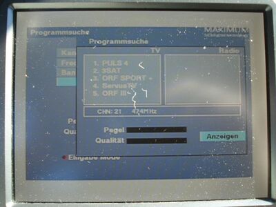 2016_08_25_PCH2_011.JPG
ORS Mux B, SFN St. Pölten (Jauerling, Klangturm), K21. Der Maximum T-1300 findet keine weiteren Programme
Schlüsselwörter: TV DX Tropo Überreichweite DVB-T DTT digital UHF MPEG-2 AUT Österreich Austria ORS Mux B FTA Suchlauf