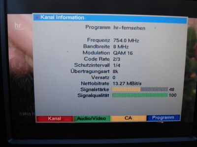 2016_11_23_PCH2_003.JPG
hr-Fernsehen, NDR Niedersachsen, Rosengarten (Langenrehm), K56. Kam diesen Morgen ungewöhnlich stabil an trotz geringer Signalstärke und QRM (MABB Mux 2, SFN Berlin)
Schlüsselwörter: TV DX Tropo Überreichweite DVB-T DTT digital UHF MPEG-2 HR NDR Niedersachsen Rosengarten K56
