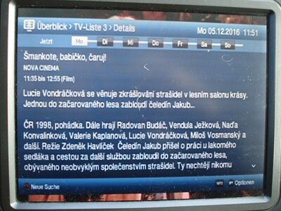 2016_12_05_PCH2_038.JPG
EPG des NOVA Cinema, DVB-T sít 2, SFN Liberec/Frydlant, K52. Wenigstens der Digipal T2 HD zeigt die tschechischen Buchstaben korrekt an - im gegensatz zu den beiden übrigen.
Schlüsselwörter: TV DX Tropo Überreichweite DVB-T DTT digital UHF MPEG-2 Tschechische Republik Ceska CR NOVA Cinema sit2 Liberec Frydlant K52 EPG Zeichensatz